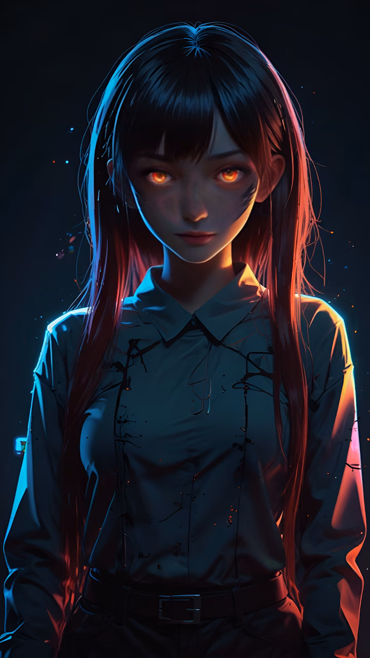 Download Intense Anime Girl Portrait with Fiery Orange Glowing Eyes Wallpaper in Mobile HD Intense Anime Girl Portrait with Fiery Orange Glowing Eyes - Free Mobile AMOLED Wallpaper Background