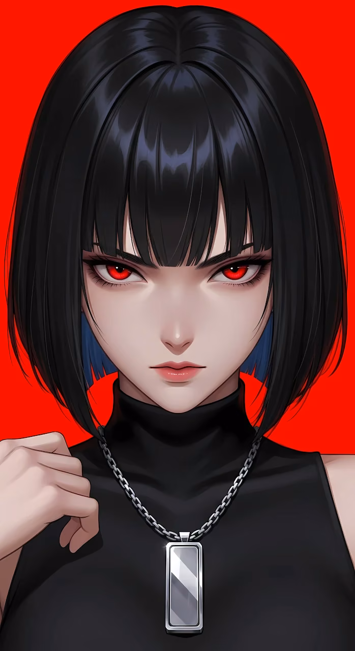Download Intense Anime Portrait with Red Eyes and Black Bob Haircut Wallpaper in Mobile HD Intense Anime Portrait with Red Eyes and Black Bob Haircut - Free Mobile AMOLED Wallpaper Background