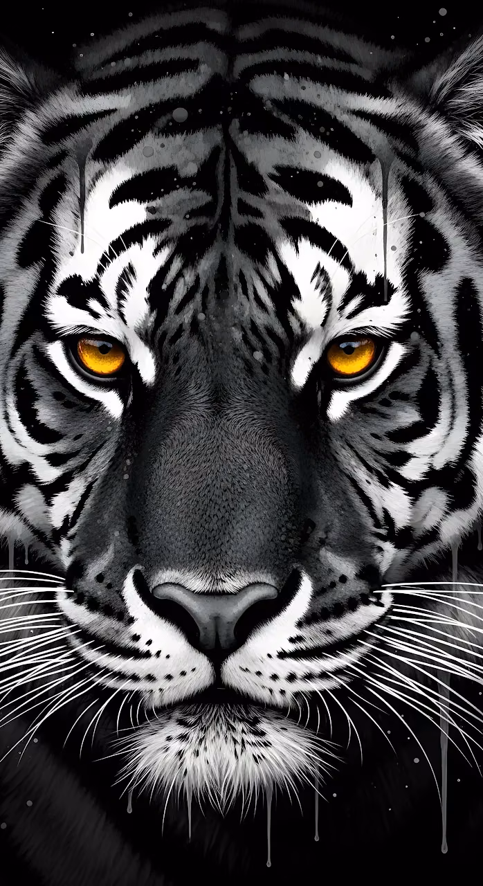 Intense Black and White Tiger Portrait with Amber Eyes Art - Free Mobile AMOLED Wallpaper Background