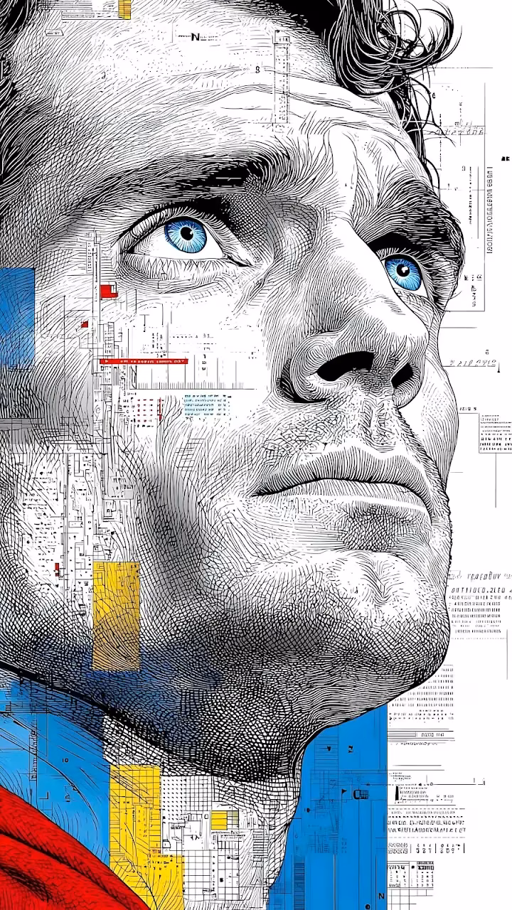 Intense Blue Eyes Portrait with Technical Blueprint Overlay - Free Mobile AMOLED Wallpaper Background