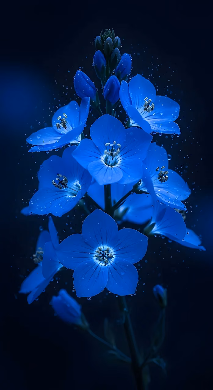 Download Intense Cobalt Blue Flowers with Water Droplets Wallpaper in Mobile HD Intense Cobalt Blue Flowers with Water Droplets - Free Mobile AMOLED Wallpaper Background