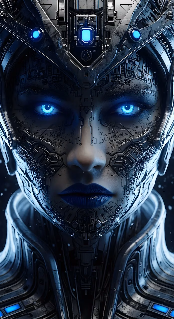 Intense Cybernetic Female Portrait with Glowing Blue Eyes - Free Mobile AMOLED Wallpaper Background