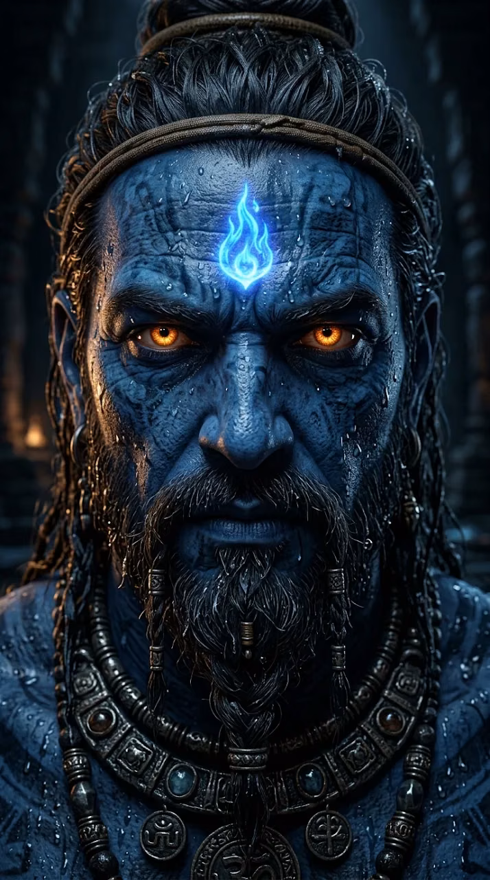 Intense and Detailed 3D Close-up of a Blue-Skinned Deity - Free Mobile AMOLED Wallpaper Background