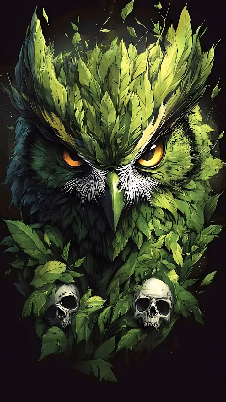 Intense Green Leaf Owl with Skulls and Dark Background - Free Mobile AMOLED Wallpaper Background