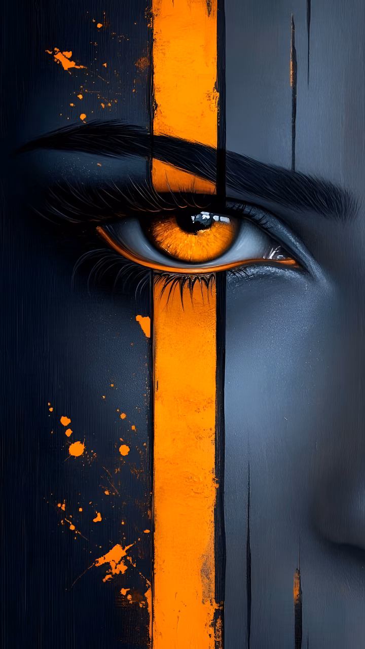 Intense Orange Eye Abstract Portrait Dark Charcoal Art - Free Mobile AMOLED Wallpaper Background