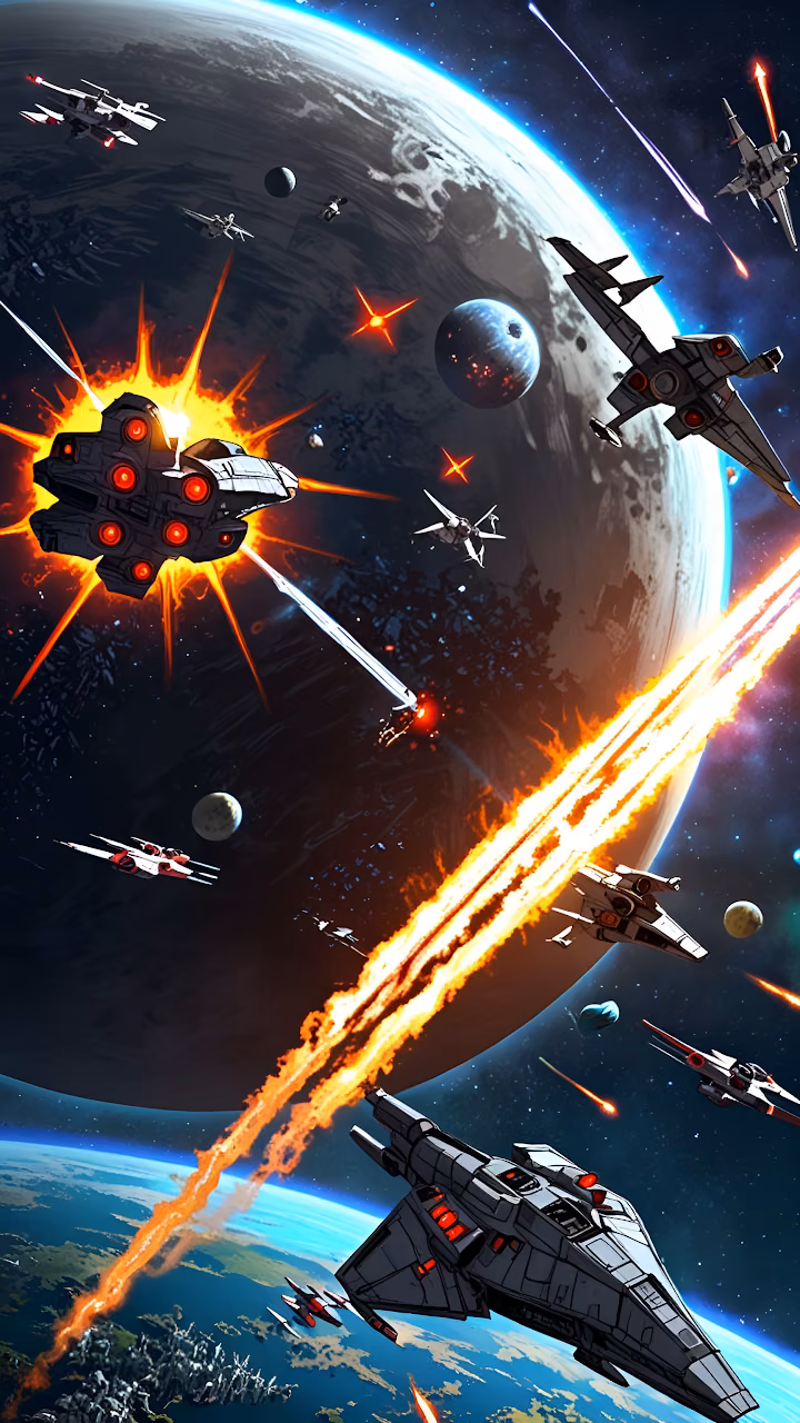 Download Intense Space Battle Starships Firing Lasers Near Planet Wallpaper in Mobile HD Intense Space Battle Starships Firing Lasers Near Planet - Free Mobile AMOLED Wallpaper Background