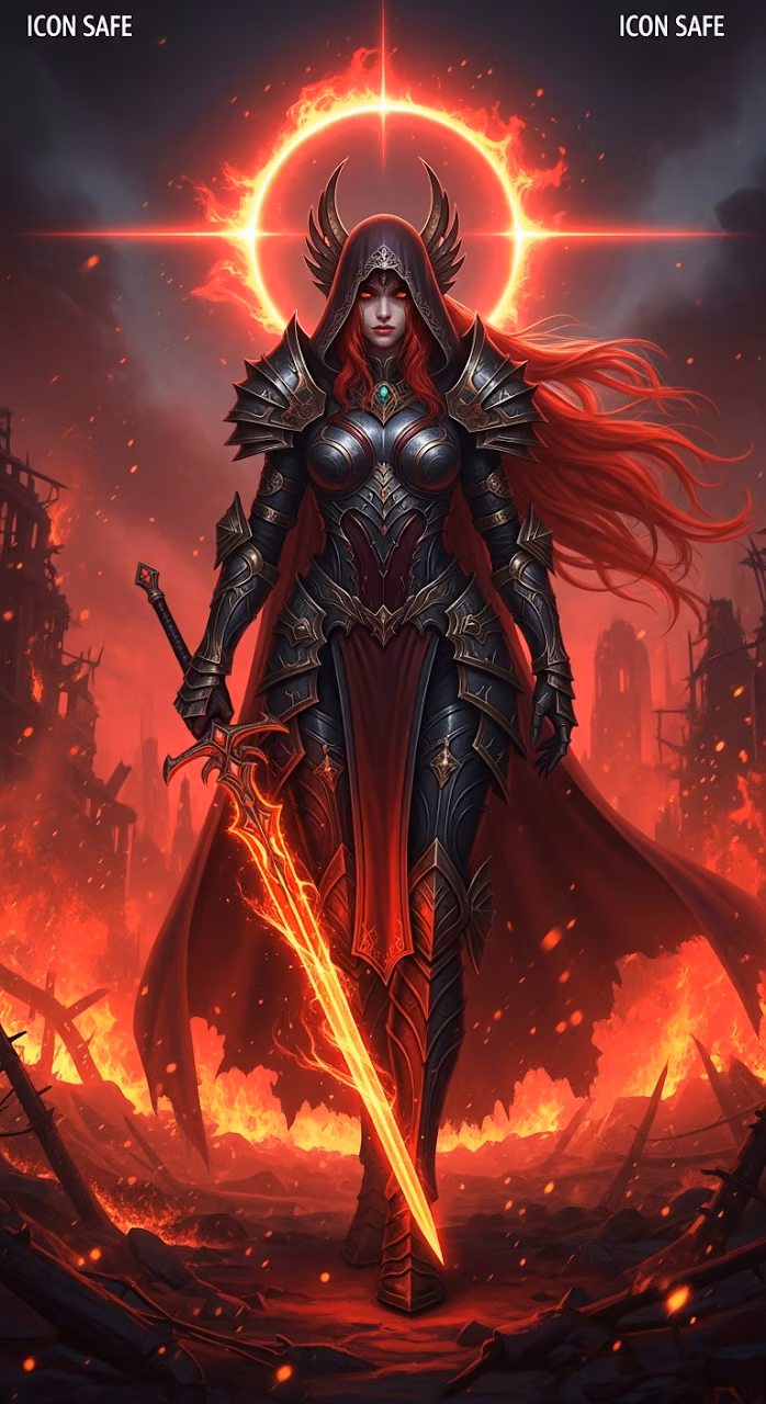 Intensely Detailed Dark Fantasy Warrior Woman with Glowing Sword and Red Hair in Apocalyptic Ruins - Free Mobile AMOLED Wallpaper Background