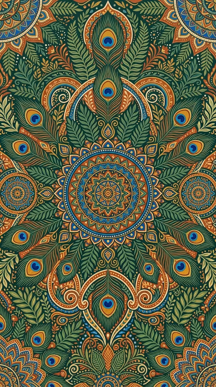 Intricate Colorful Folk Art Painting with Peacock and Mandala Motifs - Free Mobile AMOLED Wallpaper Background