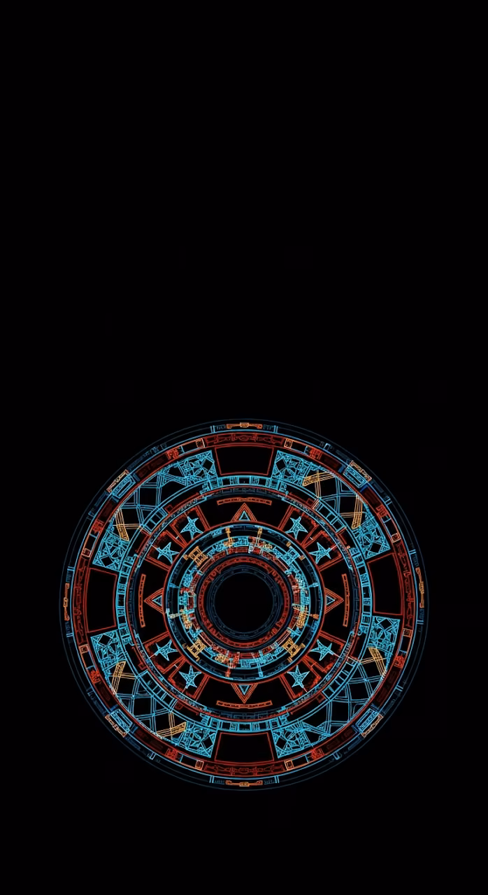 Download Intricate Dark Circular Tribal Geometric Pattern with Neon Line Art Details Wallpaper in Mobile HD Intricate Dark Circular Tribal Geometric Pattern with Neon Line Art Details - Free Mobile AMOLED Wallpaper Background