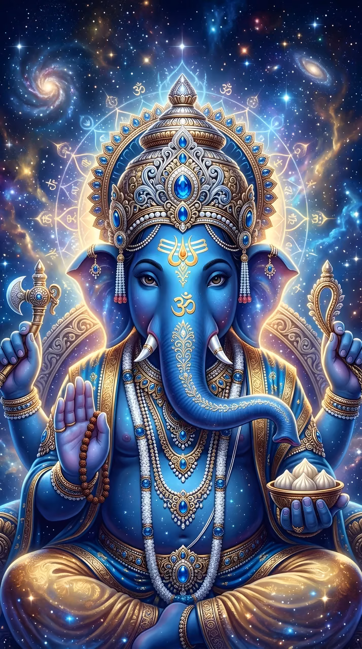 Download Intricate Digital Portrait of Ganesha Against a Cosmic Starfield Wallpaper in Mobile HD Intricate Digital Portrait of Ganesha Against a Cosmic Starfield - Free Mobile AMOLED Wallpaper Background