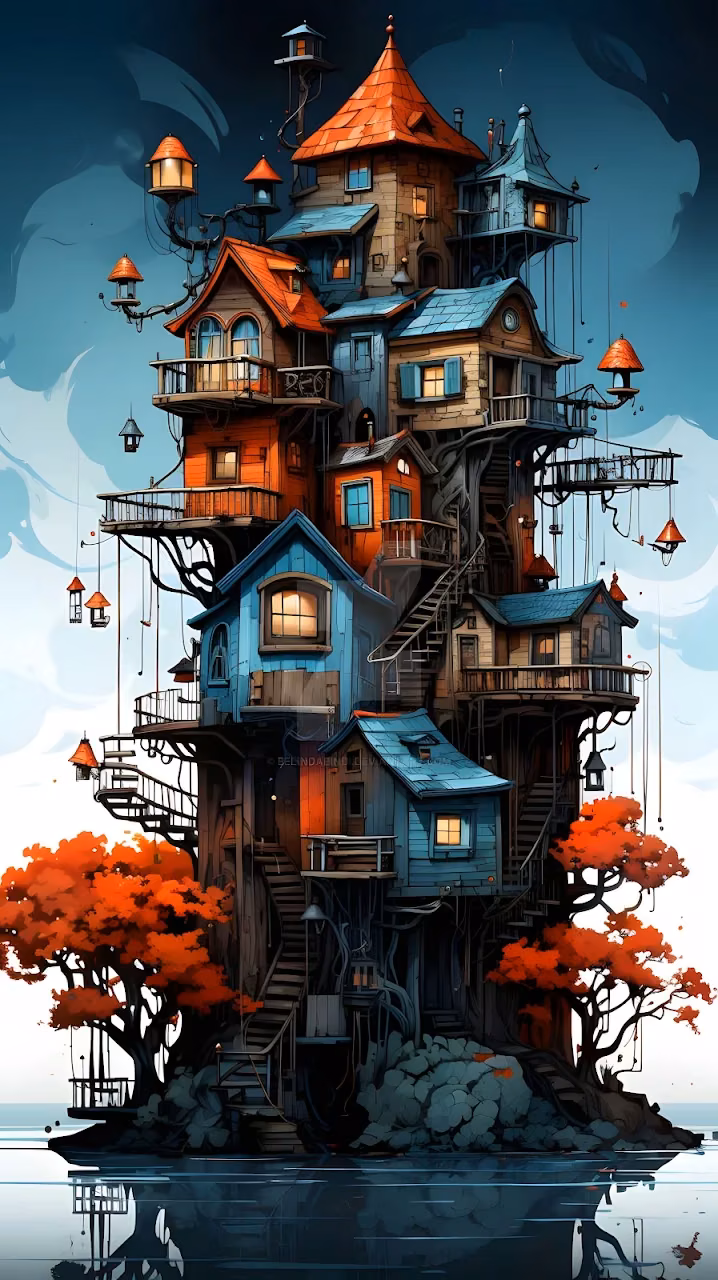 Intricate Fantasy Treehouse Village Over Water - Free Mobile AMOLED Wallpaper Background