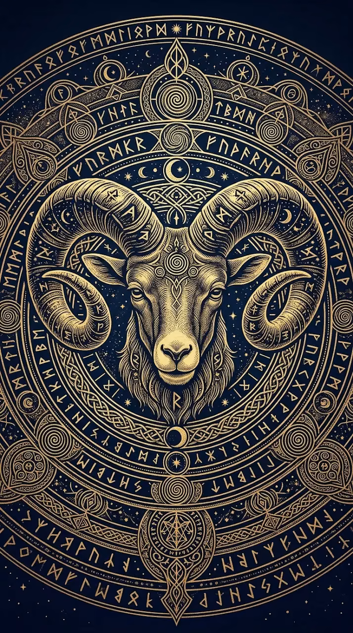 Download Intricate Golden Ram Head with Esoteric Symbols Wallpaper in Mobile HD Intricate Golden Ram Head with Esoteric Symbols - Free Mobile AMOLED Wallpaper Background