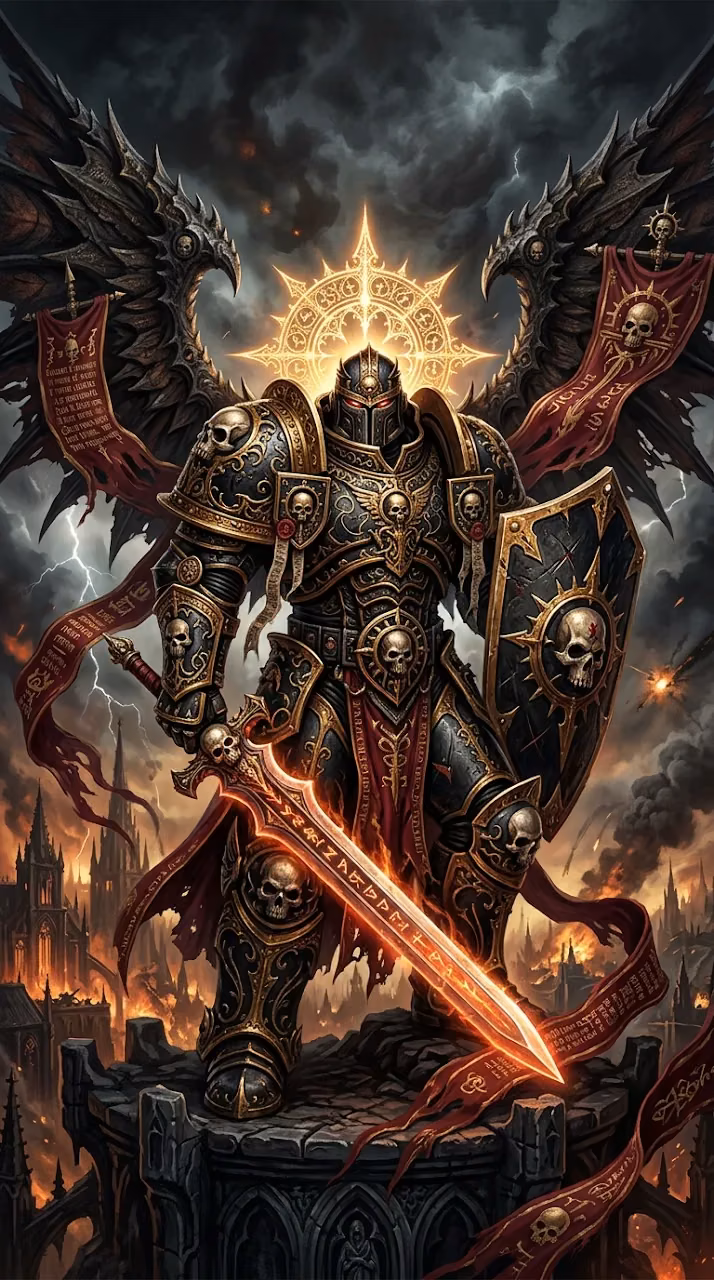 Intricate Gothic Armored Warrior with Golden Halos and Skulls - Free Mobile AMOLED Wallpaper Background