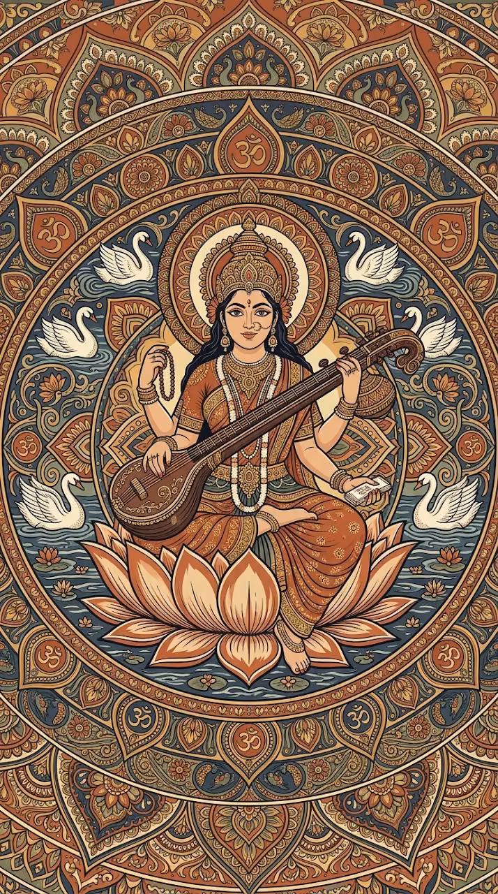 Intricate Illustration of Goddess Saraswati with Veena - Free Mobile AMOLED Wallpaper Background