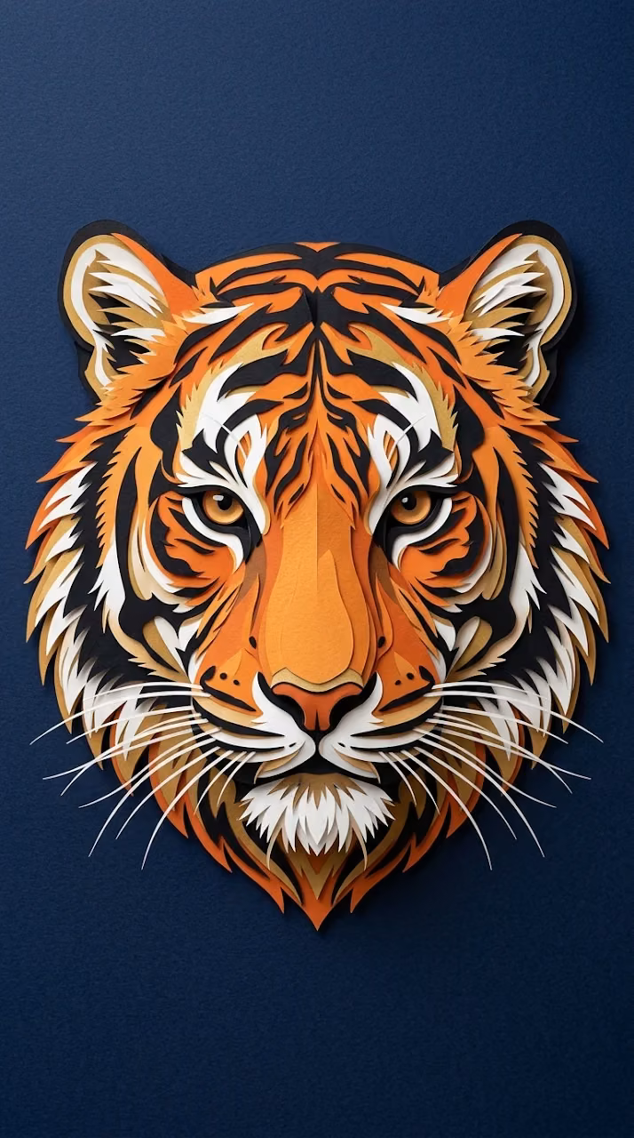 Intricate Layered Paper Cut Style Tiger Face Illustration - Free Mobile AMOLED Wallpaper Background