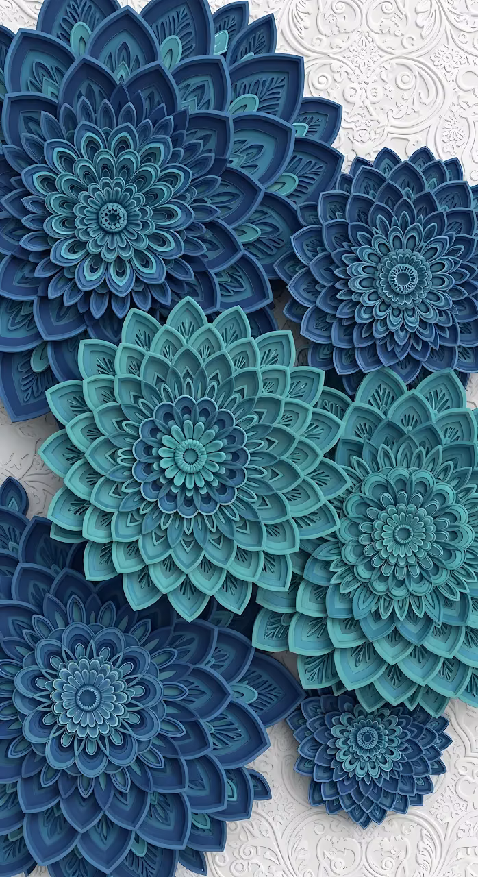 Intricate Layered Papercut Mandalas Blue Teal Floral Art - Free Mobile AMOLED Wallpaper Background