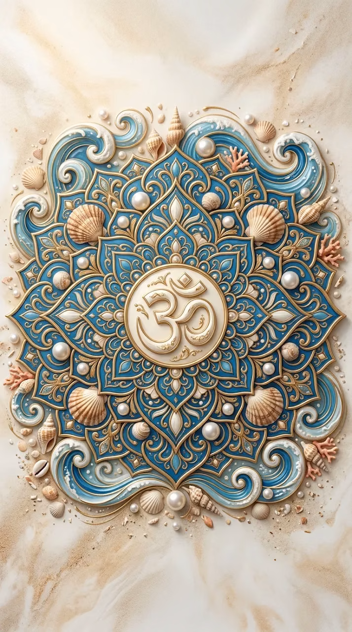 Download Intricate Mandala Featuring Om Symbol with Sea Shells and Coastal Textures Wallpaper in Mobile HD Intricate Mandala Featuring Om Symbol with Sea Shells and Coastal Textures - Free Mobile AMOLED Wallpaper Background