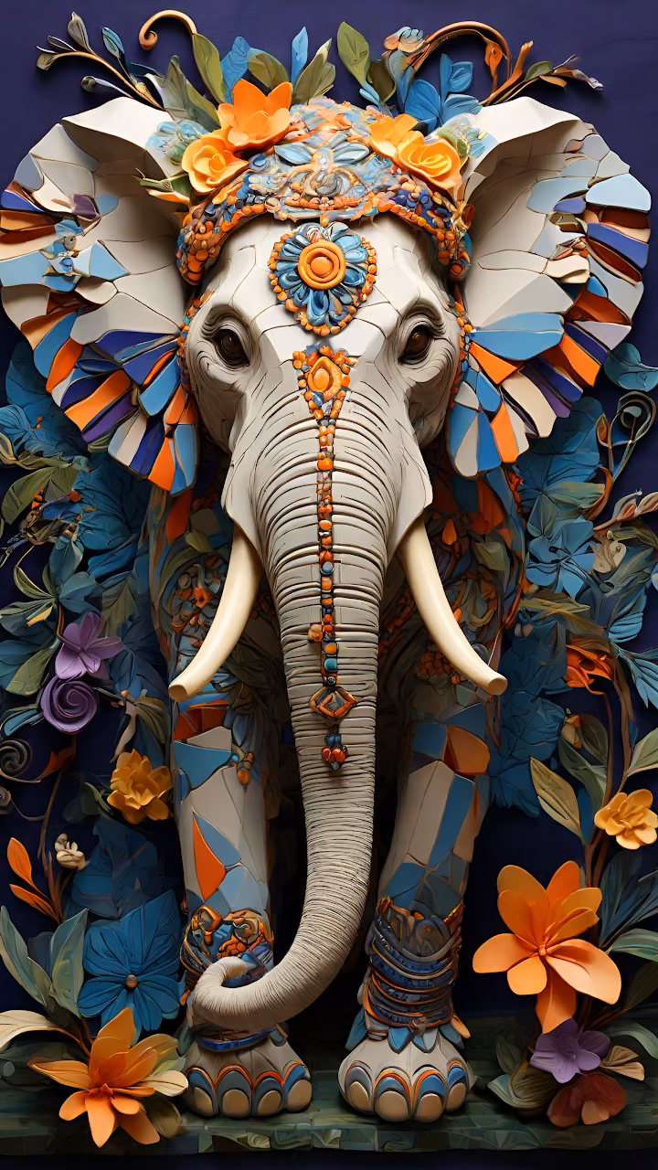 Intricate Mosaic Elephant Sculpture Floral Art - Free Mobile AMOLED Wallpaper Background