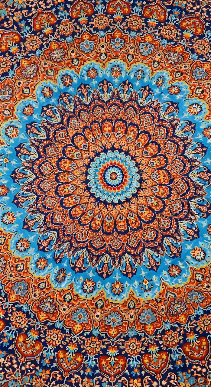 Download Intricate Persian Mandala Pattern in Blue and Orange Textiles Wallpaper in Mobile HD Intricate Persian Mandala Pattern in Blue and Orange Textiles - Free Mobile AMOLED Wallpaper Background