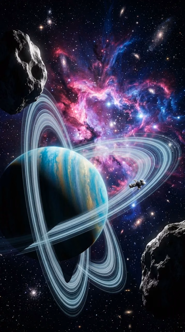 Intricate Sci-Fi Celestial Scene with Ringed Planet - Free Mobile AMOLED Wallpaper Background
