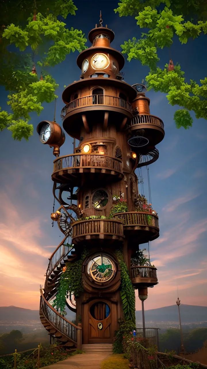 Download Intricate Steampunk Clock Tower Treehouse at Sunset Wallpaper in 4K UHD Intricate Steampunk Clock Tower Treehouse at Sunset - Free 4K Desktop Wallpaper Background