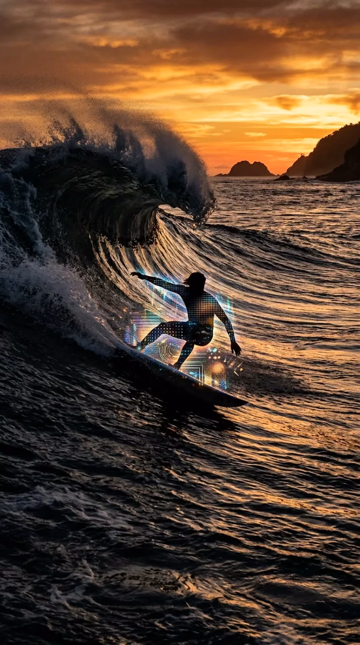 Iridescent Digital Surfer Silhouette Riding Sunset Wave - Free Mobile AMOLED Wallpaper Background