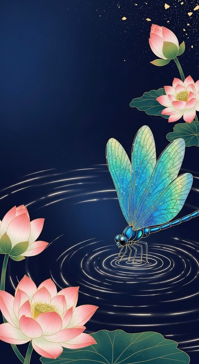 Iridescent Dragonfly Over Blooming Lotus Pond - Free Mobile AMOLED Wallpaper Background