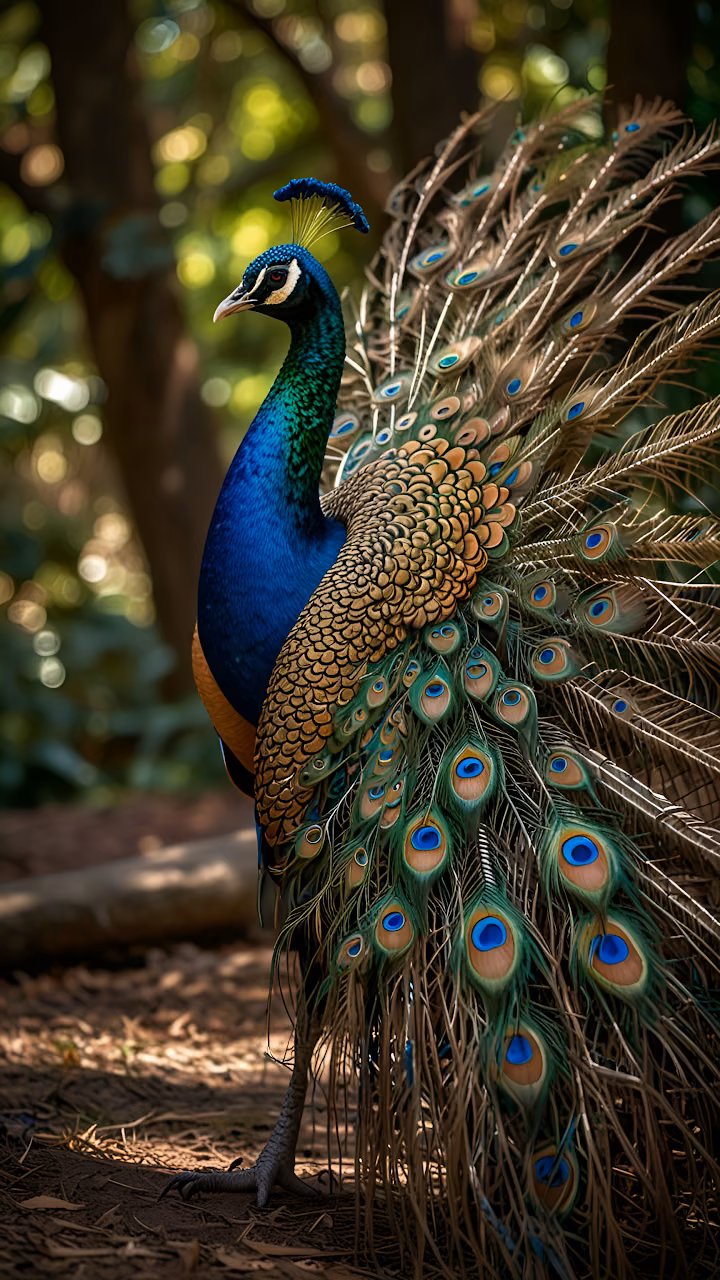 Download Iridescent Peacock with Ocelli Feathers in Tropical Forest Wallpaper in Mobile HD Iridescent Peacock with Ocelli Feathers in Tropical Forest - Free Mobile AMOLED Wallpaper Background