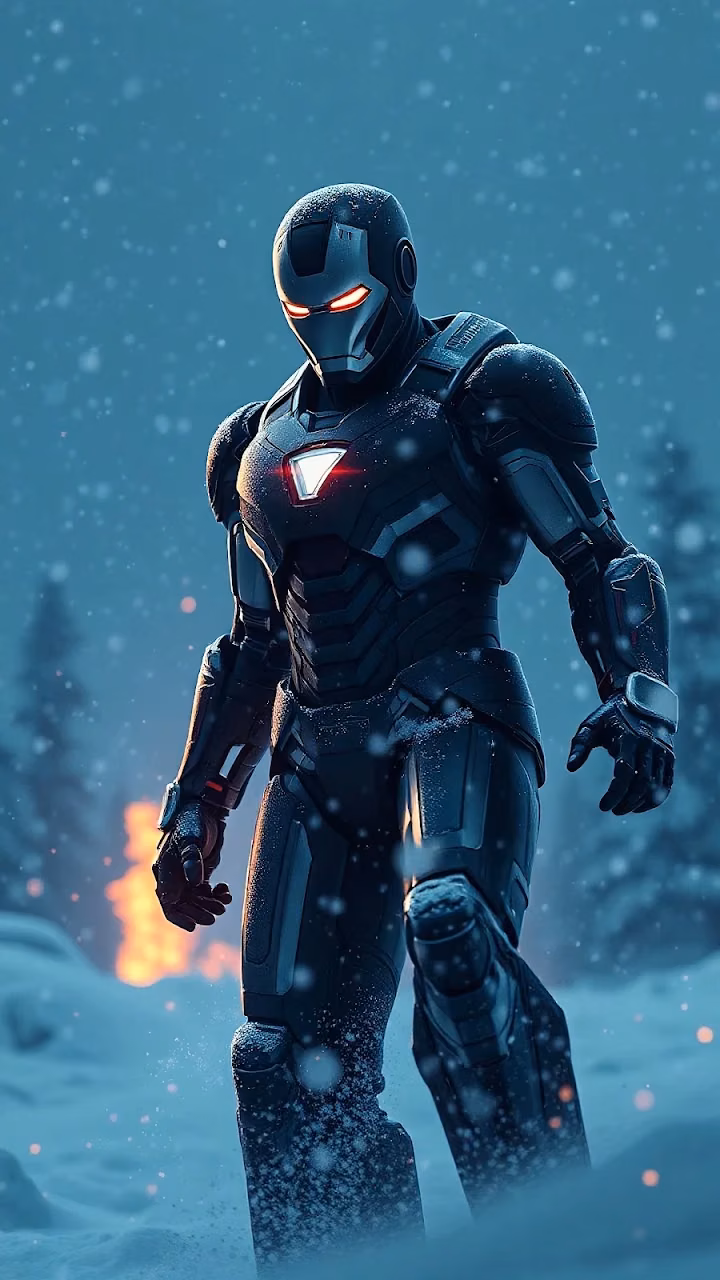Iron Man in Snow with Glowing Red Eyes - Free Mobile AMOLED Wallpaper Background