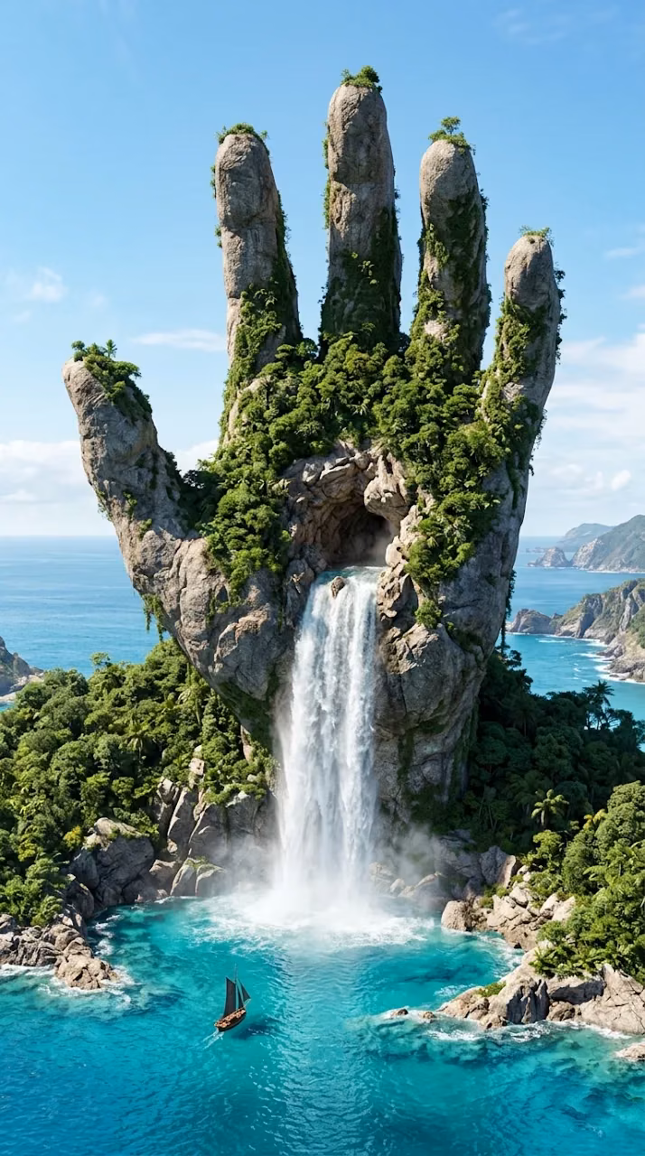 Download Island Shaped Like a Giant Stone Hand with Waterfall and Tunnel Wallpaper in Mobile HD Island Shaped Like a Giant Stone Hand with Waterfall and Tunnel - Free Mobile AMOLED Wallpaper Background