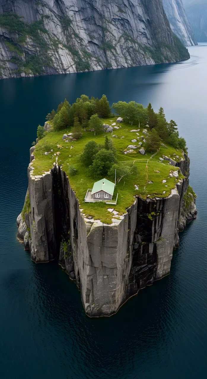 Isolated Cabin on Steep Cliff Island in Fjord - Free Mobile AMOLED Wallpaper Background