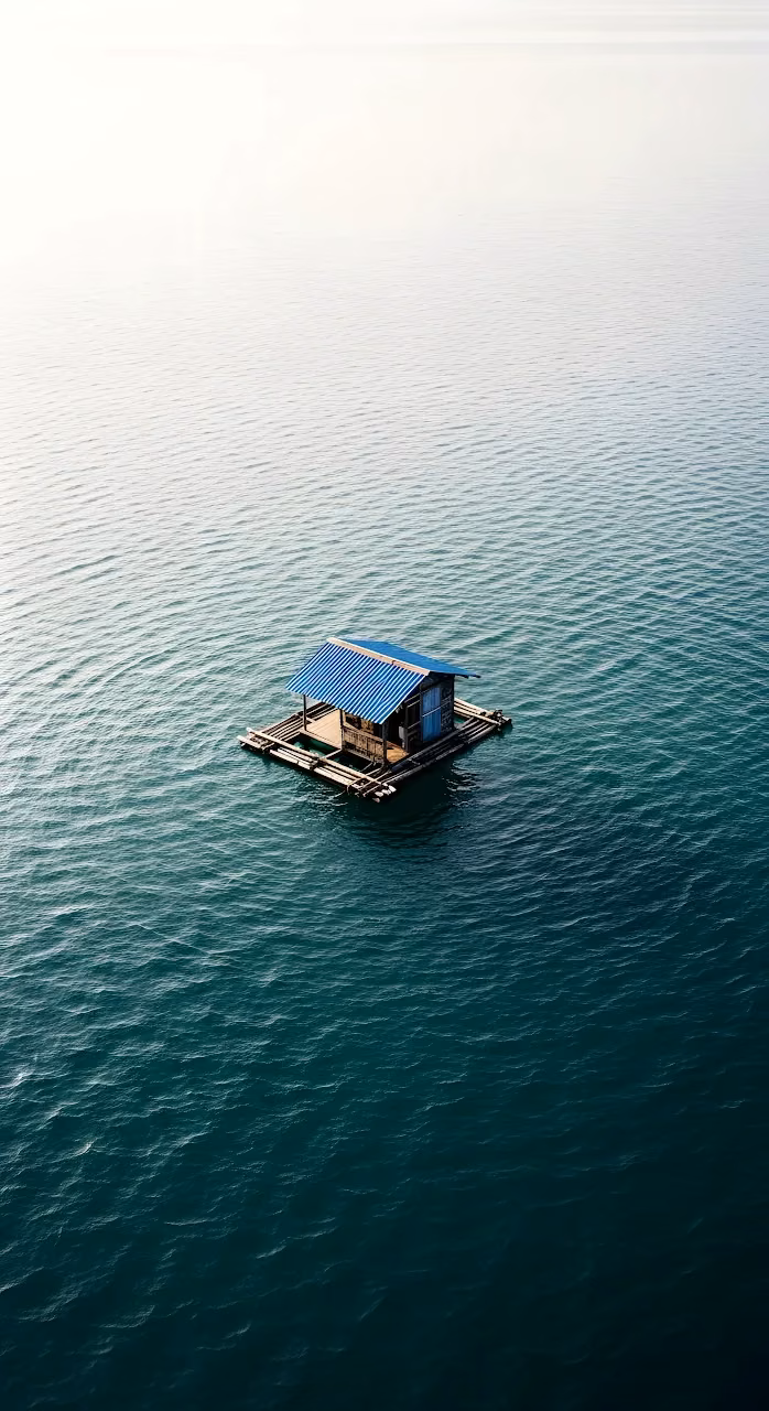 Isolated Floating Wooden Hut with Blue Roof on Lake - Free Mobile AMOLED Wallpaper Background