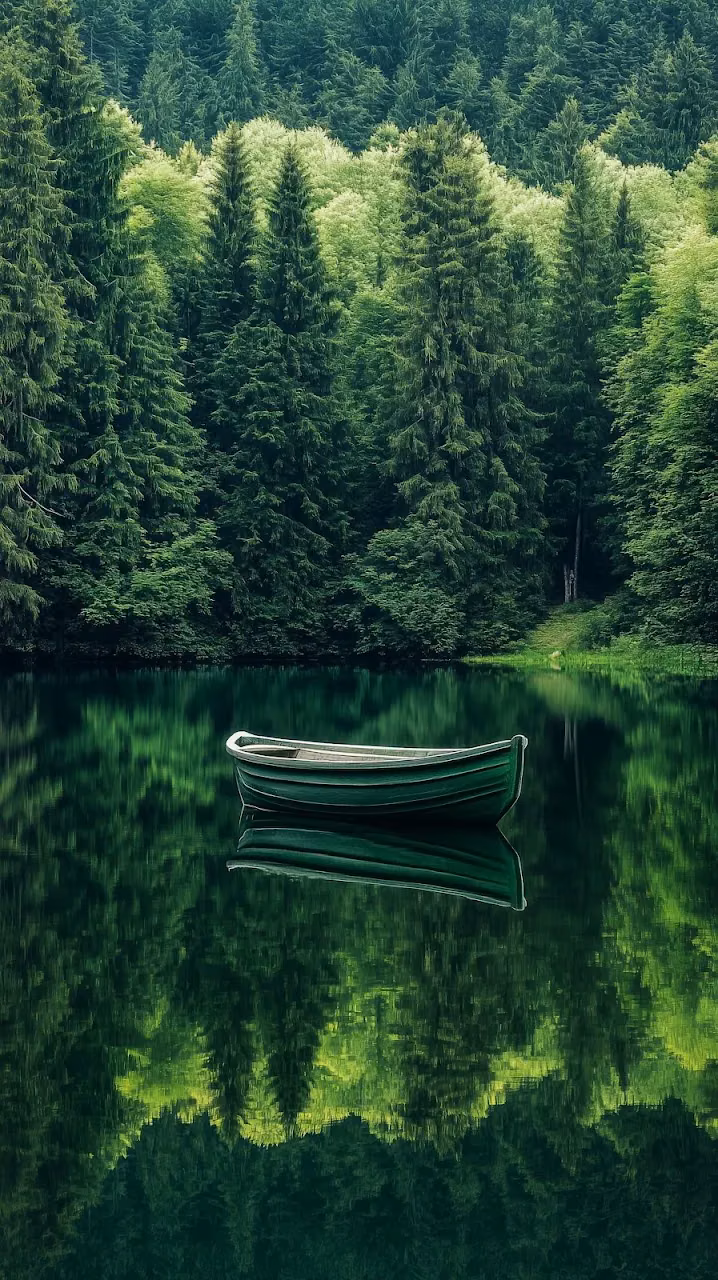Isolated Green Rowboat Reflecting in Deep Forest Lake - Free 4K Desktop Wallpaper Background