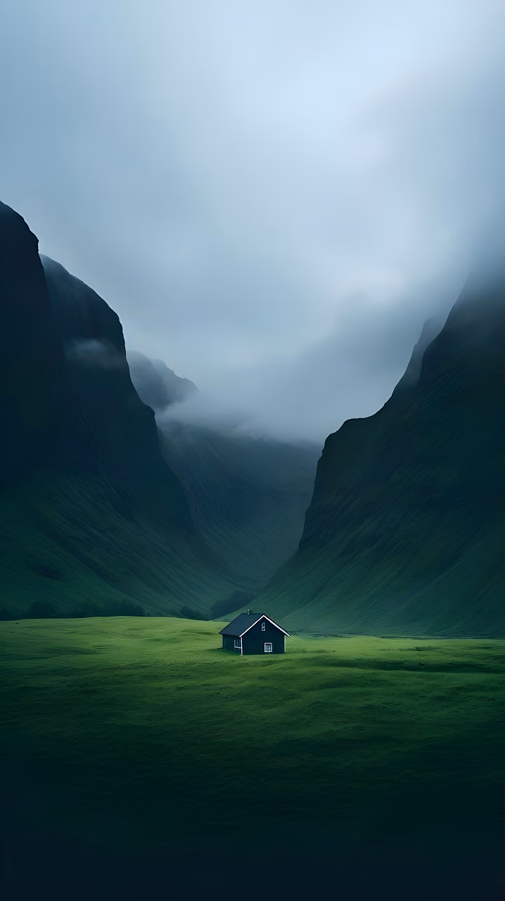 Isolated House Deep Green Valley Moody Nordic Landscape - Free Mobile AMOLED Wallpaper Background