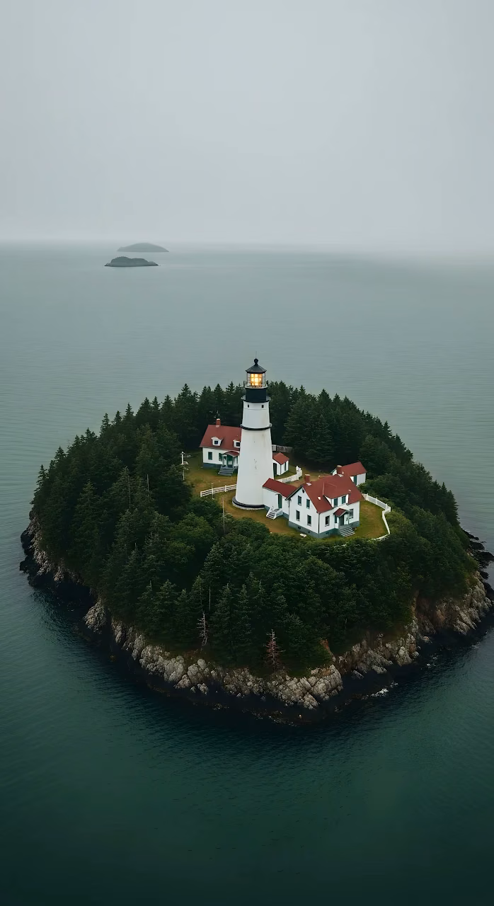 Isolated Lighthouse Island Aerial View Moody Ocean Fog - Free Mobile AMOLED Wallpaper Background