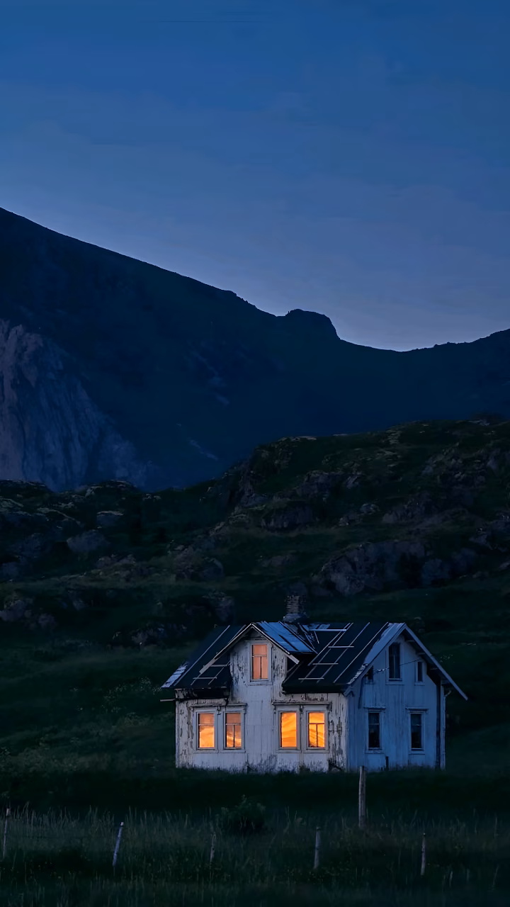 Download Isolated Nordic House Glowing Windows Mountain Landscape Wallpaper in Mobile HD Isolated Nordic House Glowing Windows Mountain Landscape - Free Mobile AMOLED Wallpaper Background