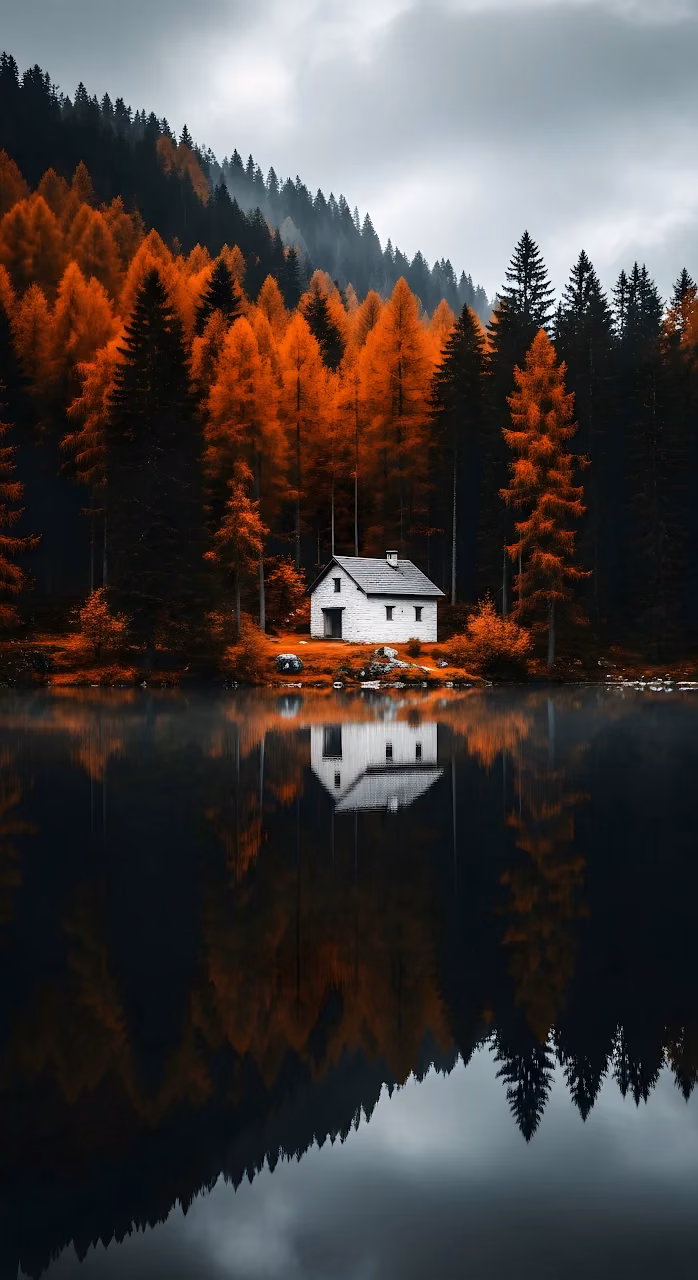 Isolated White Cabin Reflected in Dark Lake with Autumn Forest - Free Mobile AMOLED Wallpaper Background
