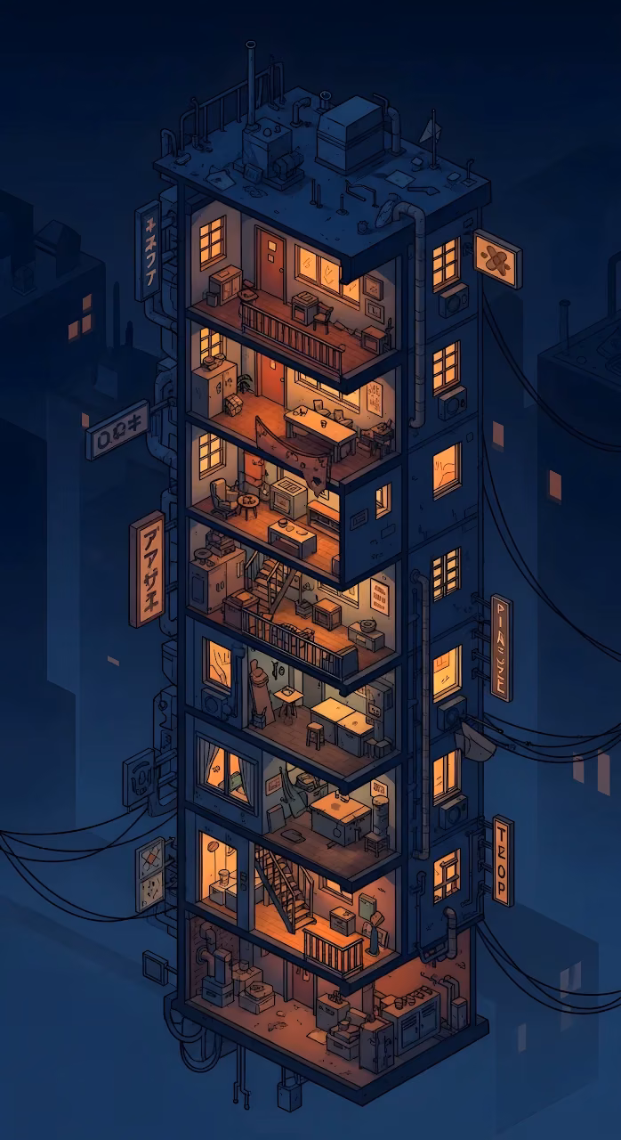 Download Isometric City Building Lofi Night Illustration Wallpaper in Mobile HD Isometric City Building Lofi Night Illustration - Free Mobile AMOLED Wallpaper Background