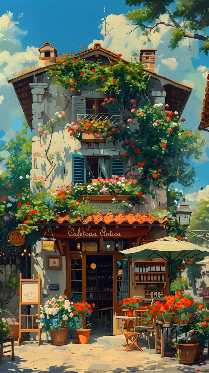 Download Italian Cafe Exterior Covered in Summer Flowers Wallpaper in Mobile HD Italian Cafe Exterior Covered in Summer Flowers - Free Mobile AMOLED Wallpaper Background