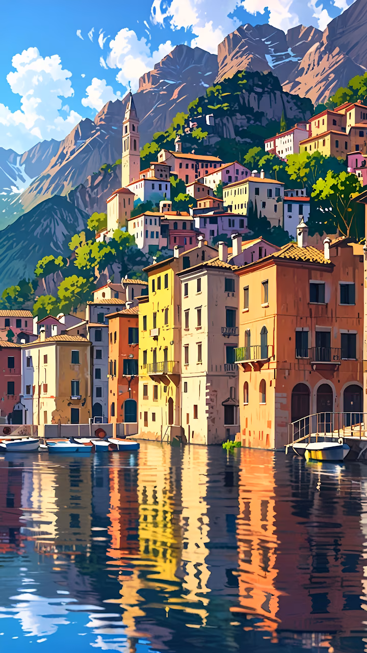 Download Italian Village Reflections, Colorful Seaside Town Wallpaper in Mobile HD Italian Village Reflections, Colorful Seaside Town - Free Mobile AMOLED Wallpaper Background