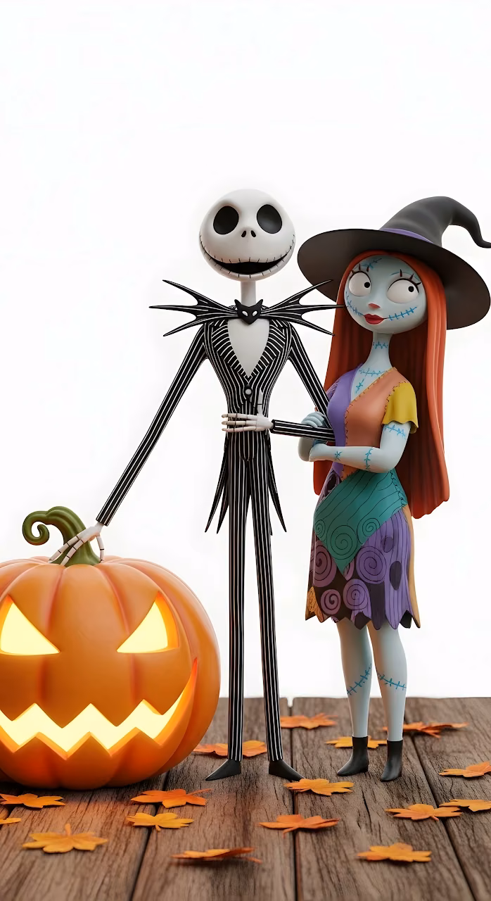 Jack Skellington and Sally with Glowing Halloween Pumpkin - Free Mobile AMOLED Wallpaper Background