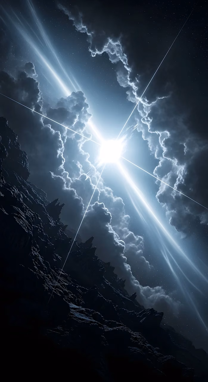 Jagged Alien Landscape Under a Brilliant Star Flare - Free Mobile AMOLED Wallpaper Background