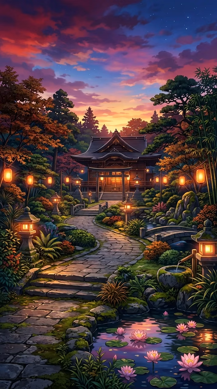 Japanese Anime Style Temple Garden at Dusk with Lanterns and Lotus - Free Mobile AMOLED Wallpaper Background