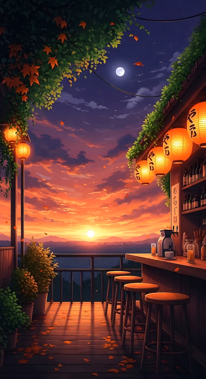Japanese Bar Balcony Sunset View Anime Style Illustration - Free Mobile AMOLED Wallpaper Background