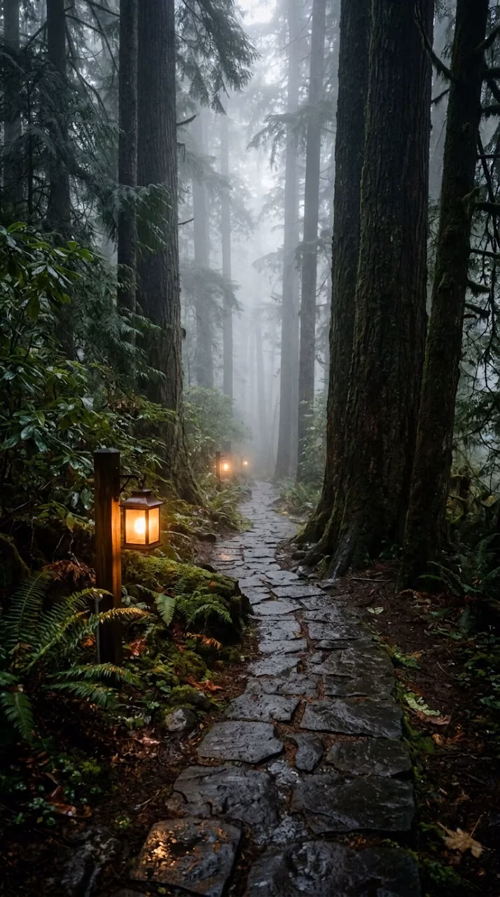 Japanese Cedar Forest with Stone Path and Lantern Wallpaper - Free Mobile AMOLED Wallpaper Background