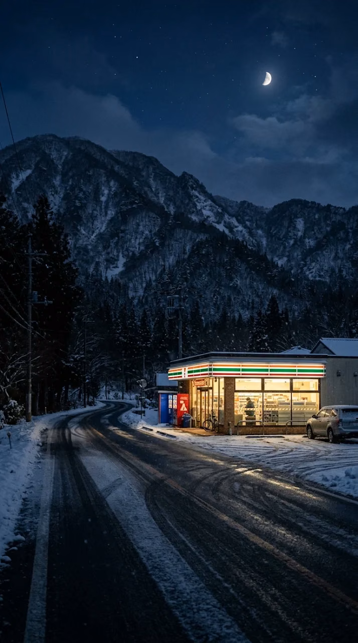Japanese Convenience Store in Snow beside Mountain Road - Free Mobile AMOLED Wallpaper Background