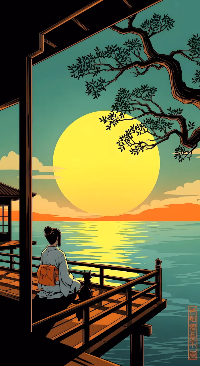 Japanese Kimono Woman and Cat Watching Giant Sunset - Free Mobile AMOLED Wallpaper Background