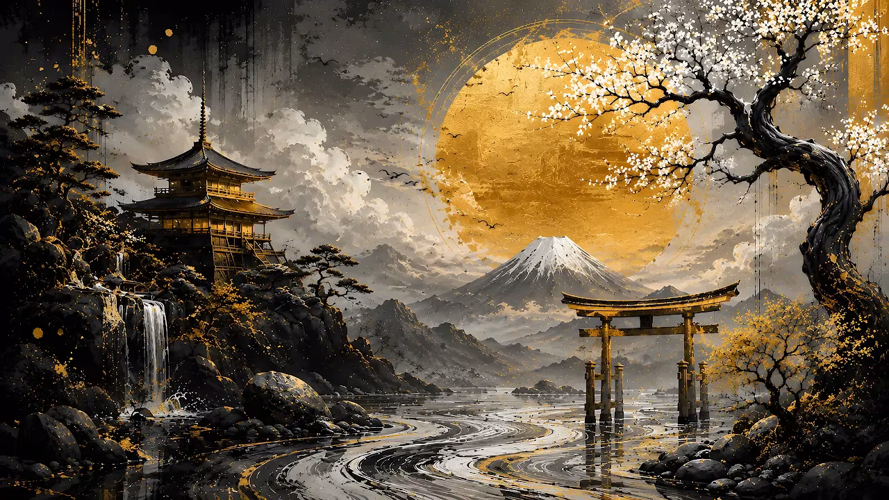 Download Mount Fuji Japanese Pagoda Gold 4K Wallpaper in 4K UHD Traditional Japanese painting with Mount Fuji, a pagoda, torii gate, waterfall, and large gold circle.