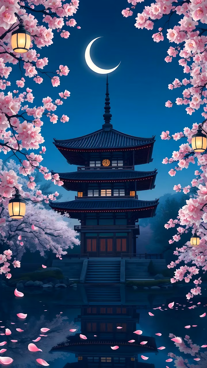 Download Japanese Pagoda Framed by Pink Cherry Blossoms at Night Wallpaper in Mobile HD Japanese Pagoda Framed by Pink Cherry Blossoms at Night - Free Mobile AMOLED Wallpaper Background