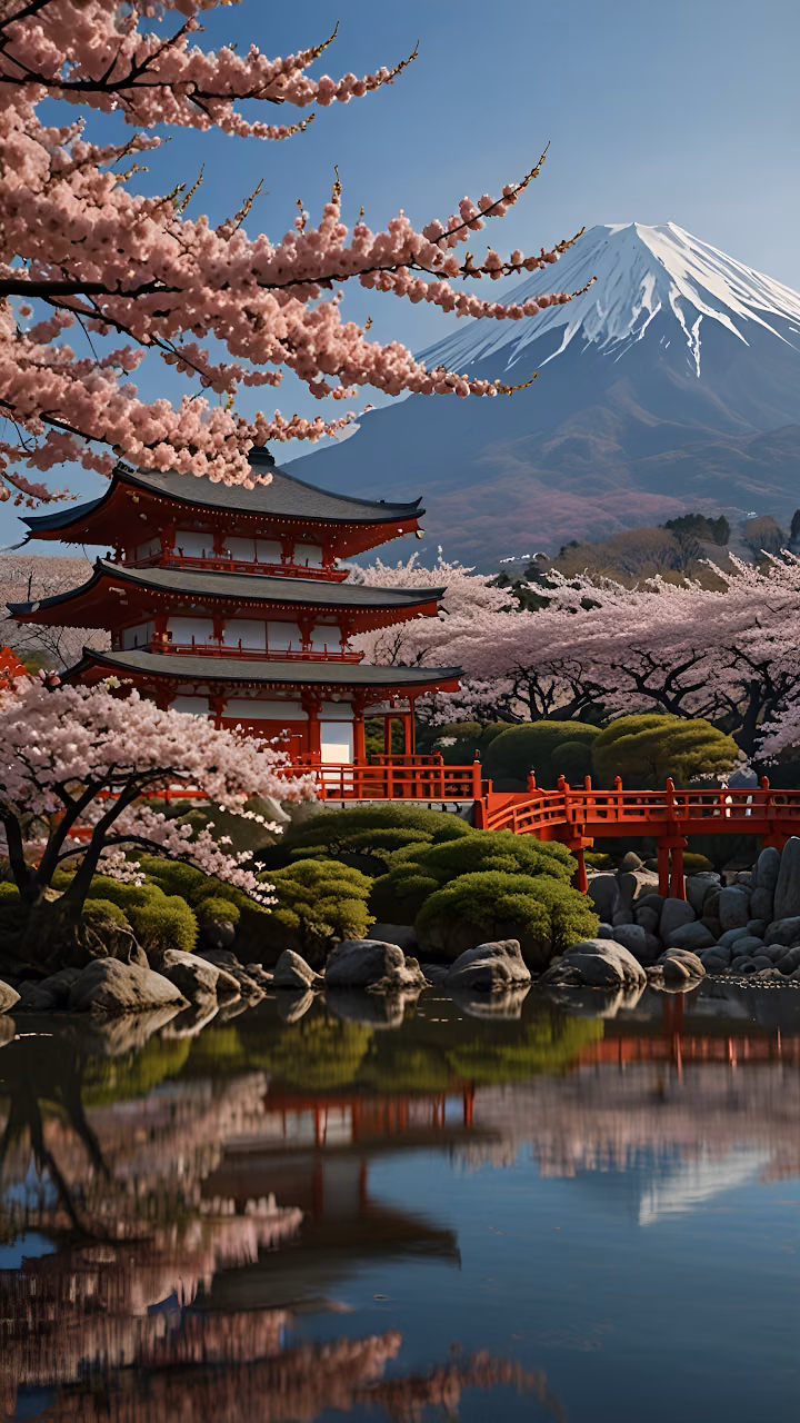 Japanese Pagoda Mount Fuji Cherry Blossom Water Reflection - Free Mobile AMOLED Wallpaper Background
